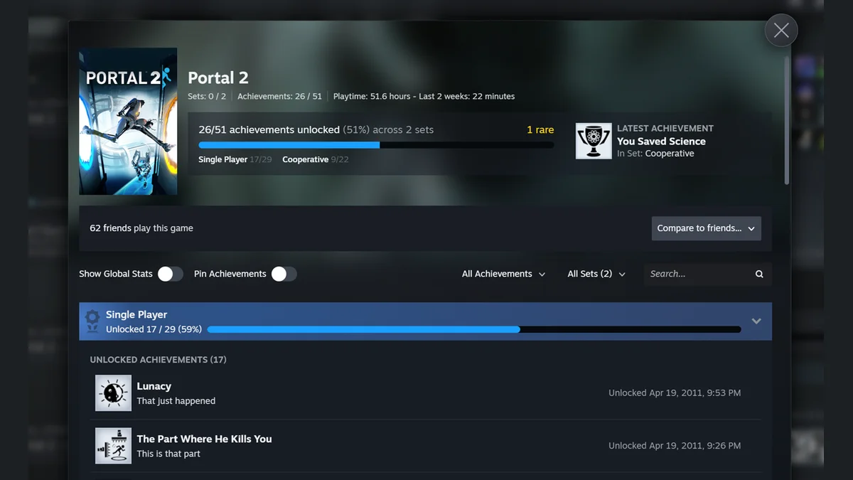 Steam Achievement Sets interface in Portal 2 showing separate Single Player and Cooperative progress bars