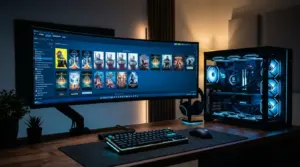 High-end gaming PC setup displaying Steam library on curved monitor