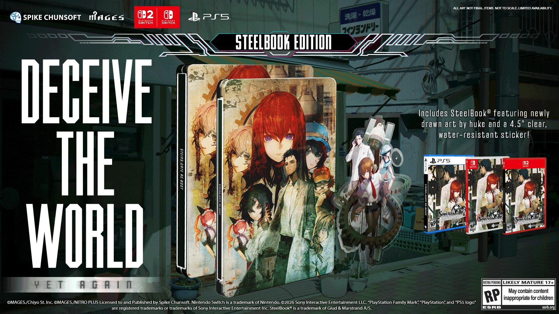 STEINS;GATE RE:BOOT SteelBook Edition contents for Nintendo Switch 2 and PlayStation 5 featuring artwork by huke