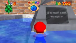 Mario standing in front of the blurry star statue plaque in Princess Peach's castle courtyard in Super Mario 64 on Nintendo 64