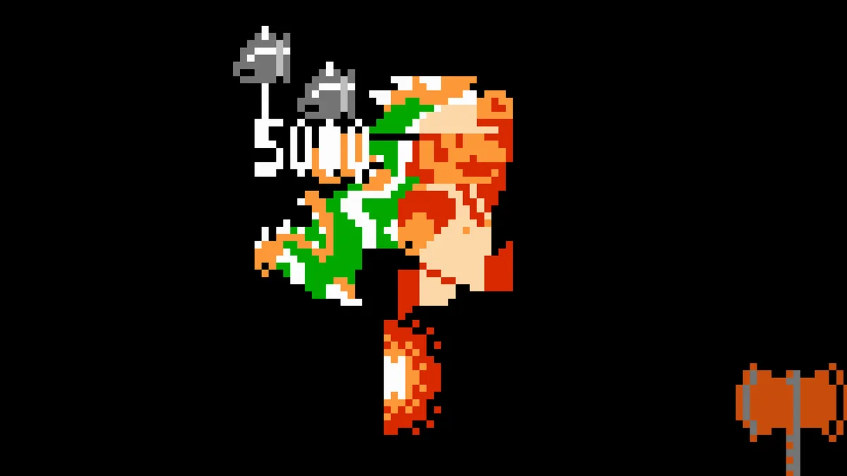 Mario dodging Bowser to reach the axe on the castle bridge in Super Mario Bros on NES (Nintendo)