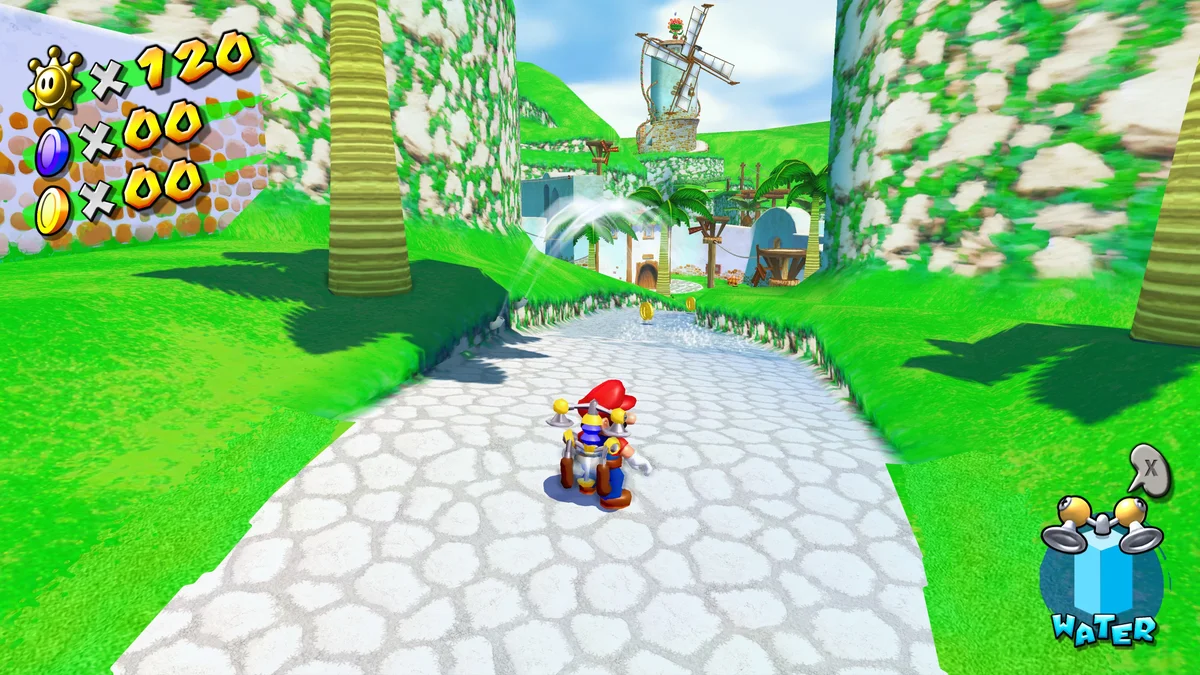 Mario and FLUDD in Bianco Hills in Super Mario Sunshine 4K on Dolphin emulator
