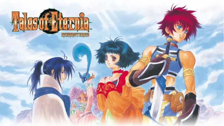 Official Tales of Eternia Remastered key art featuring Reid Hershel, Farah Oersted, and Meredy
