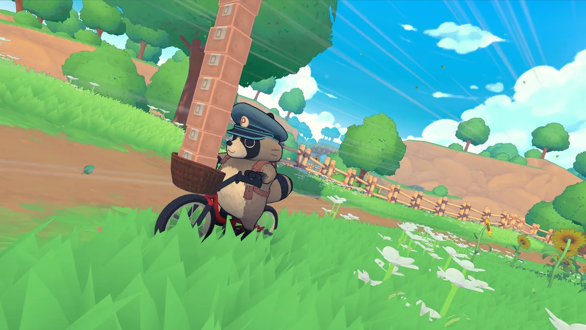 Pon performing BMX tricks while delivering packages in TANUKI: Pon's Summer
