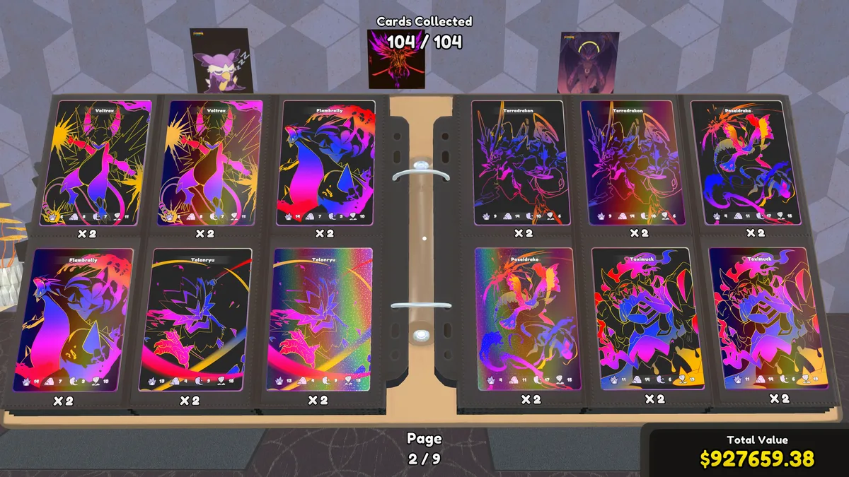 Binder page showing the six new Ghost rare cards Voltrex, Flambrolly, Talonryu, Terradrakon, Poseidrake, and Toximuck in TCG Card Shop Simulator
