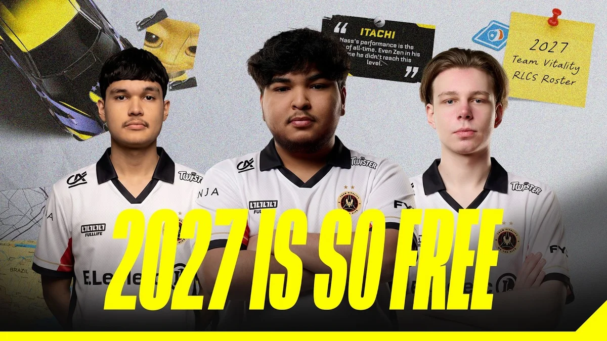 Team Vitality RLCS 2027 Rocket League players diaz, nass, and Oski in official jerseys
