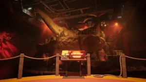 Terrible Lizards on PS5 showing a twisted dinosaur inside the Dalton's Dinos Route 66 attraction