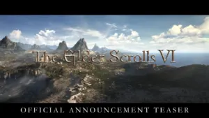 Official The Elder Scrolls 6 logo over coastal landscape of Tamriel
