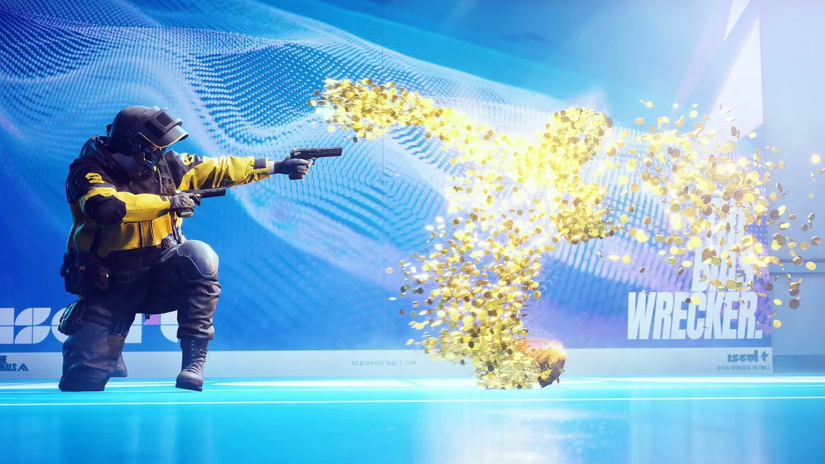 A contestant in The Finals eliminating an opponent into a shower of gold coins inside the virtual game show arena