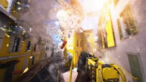 A contestant in The Finals riding a zipline through mid-air arena explosions in Monaco during Season 12 Prime Time
