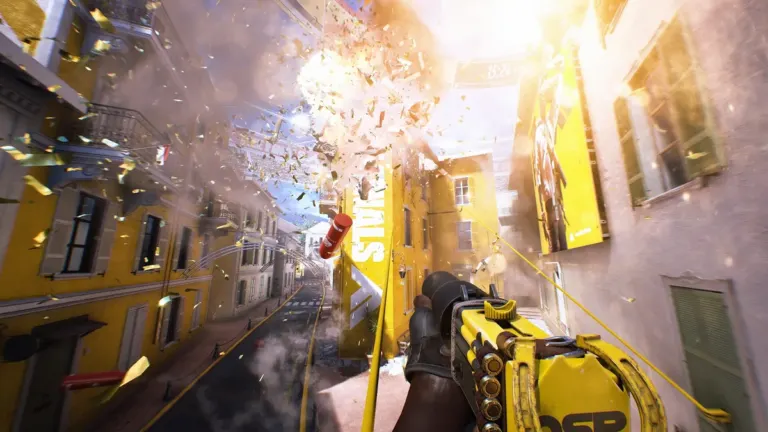 A contestant in The Finals riding a zipline through mid-air arena explosions in Monaco during Season 12 Prime Time