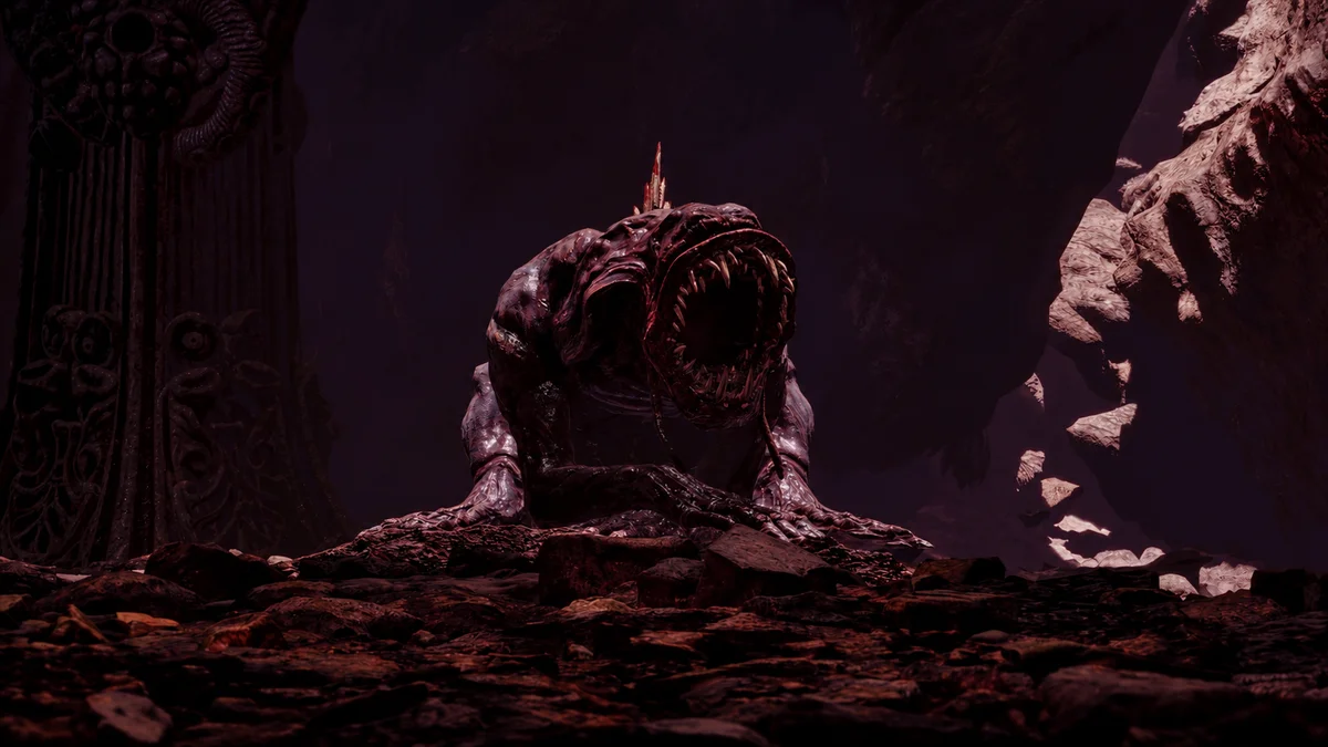 The amphibian Great Old One Tsathoggua inside its underground lair in The Mound: Omen of Cthulhu