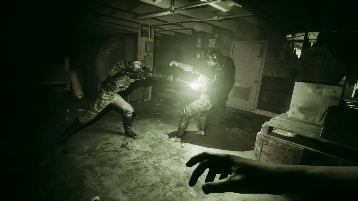 Sergeant Leland Coyle attacking a Reagent in night vision in The Outlast Trials on Nintendo Switch 2