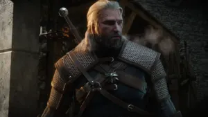 Geralt of Rivia in armor in The Witcher 3: Wild Hunt Remastered featuring improved visual clarity from Patch 5.01 on Nintendo Switch 2