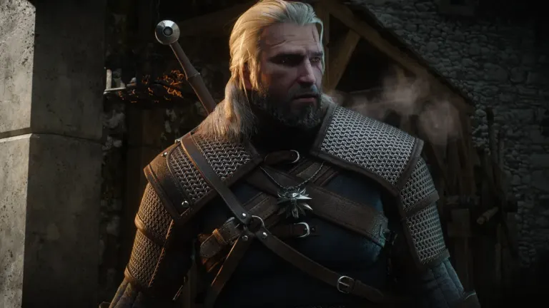 Geralt of Rivia in armor in The Witcher 3: Wild Hunt Remastered featuring improved visual clarity from Patch 5.01 on Nintendo Switch 2