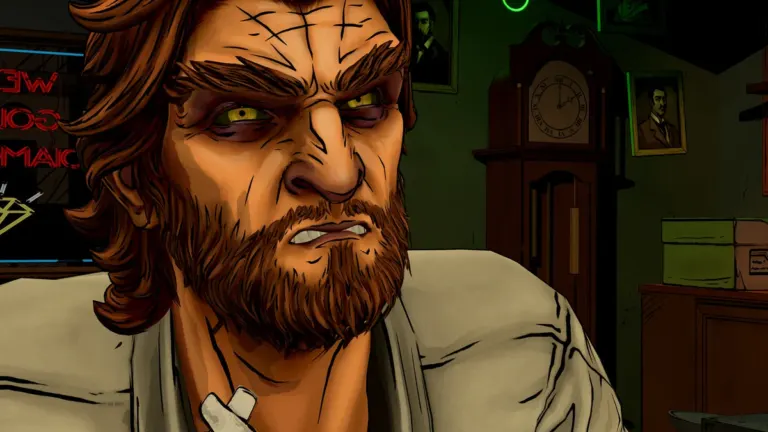Bigby Wolf with glowing yellow eyes in The Wolf Among Us Remastered