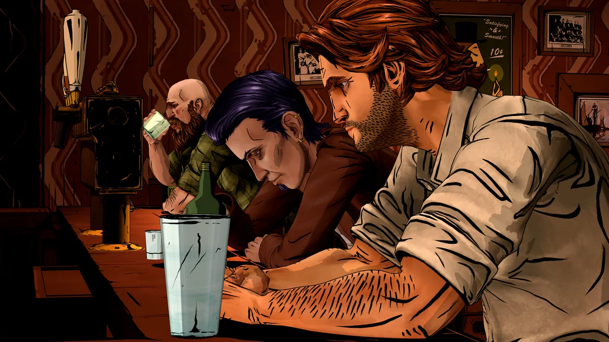 Bigby Wolf, Gren, and the Woodsman sitting at the Trip Trap Bar counter in The Wolf Among Us Remastered