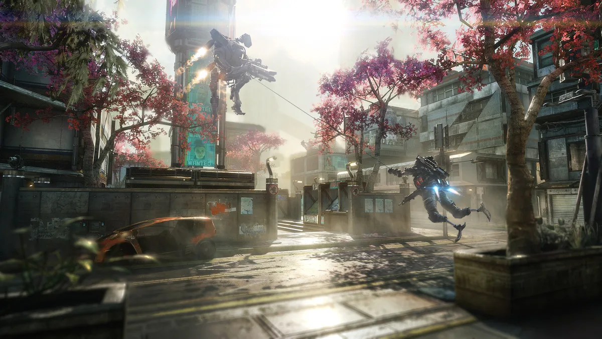 A Pilot grappling toward a Titan in Titanfall 2 on PC, showcasing CircuitLord's Titanfall 2 VR Multiplayer Open Beta mod on Northstar servers