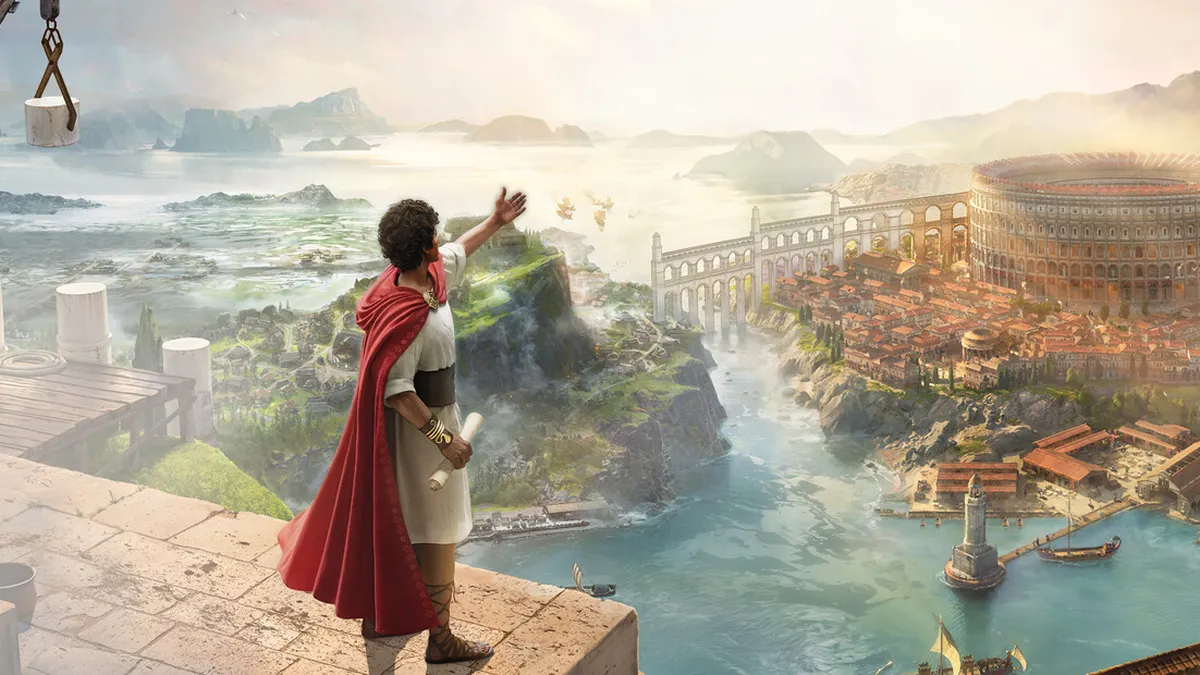Official key art for Anno 117 Pax Romana illustrating Ubisoft workforce reductions across German studios