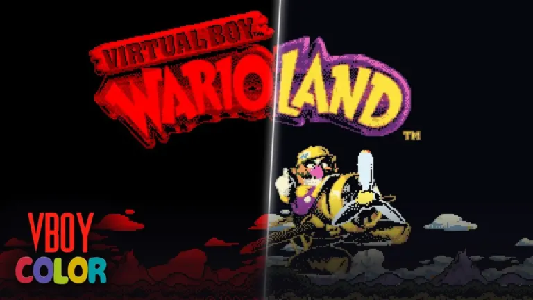 Side-by-side comparison of the original red monochrome Nintendo Virtual Boy display and the full-color VBoy Color emulator in Virtual Boy Wario Land