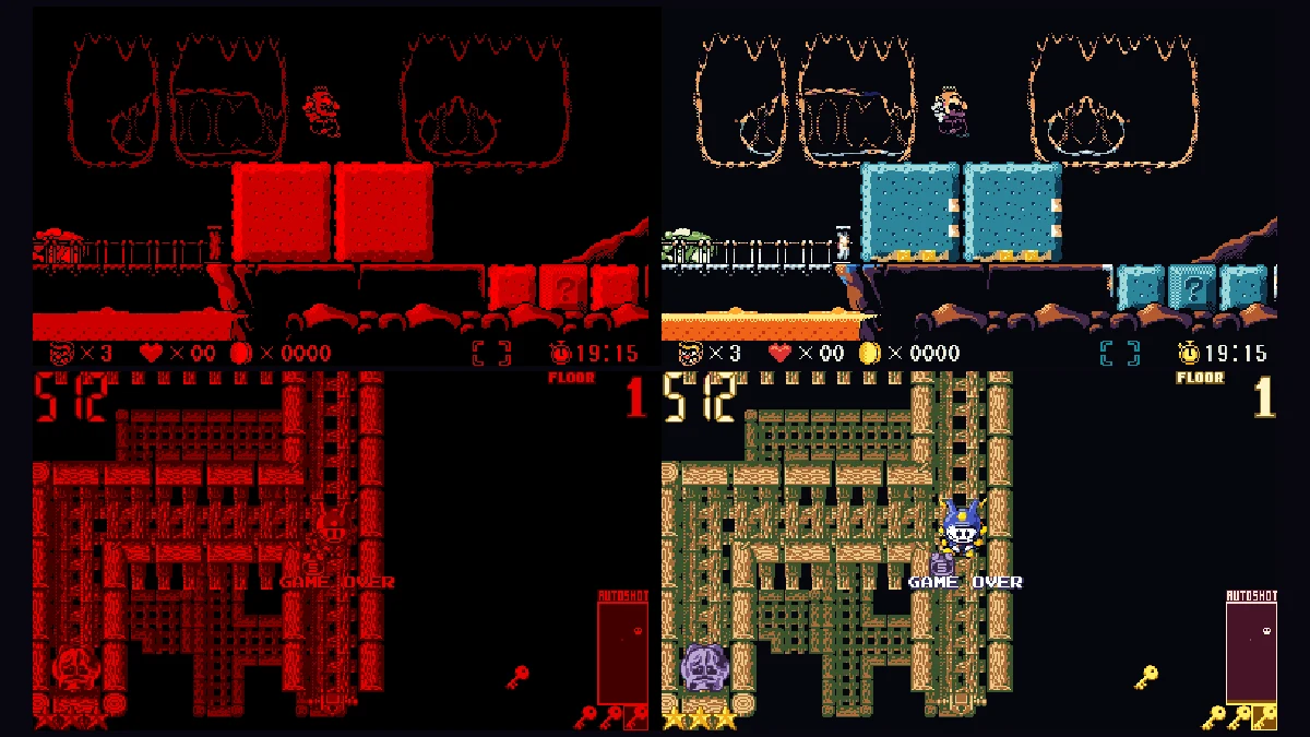 In-game comparison screenshots of Virtual Boy Wario Land and Jack Bros running with custom tile-by-tile color packs in VBoy Color