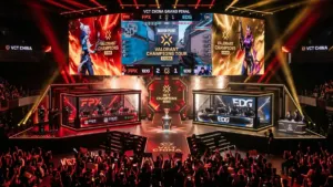 Official VCT China esports tournament stage and championship trophy