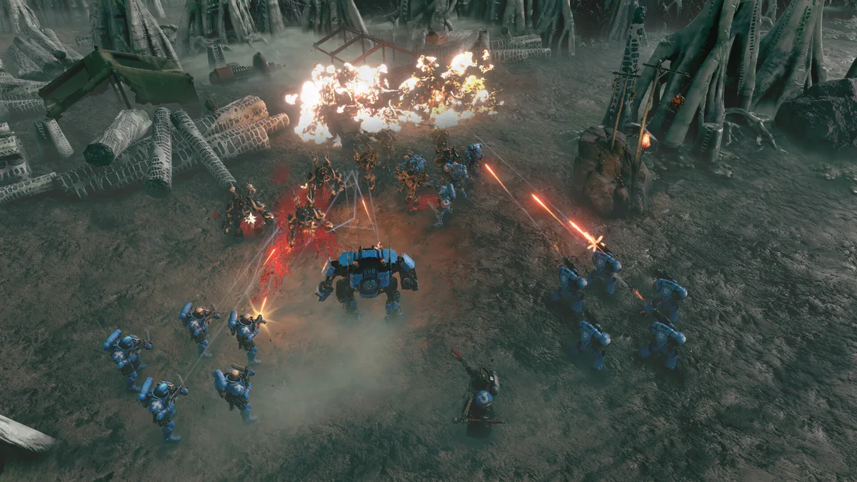 Ultramarines fighting the Black Legion across Foran Prime in Warhammer 40,000: Battlesector Courage and Catastrophe