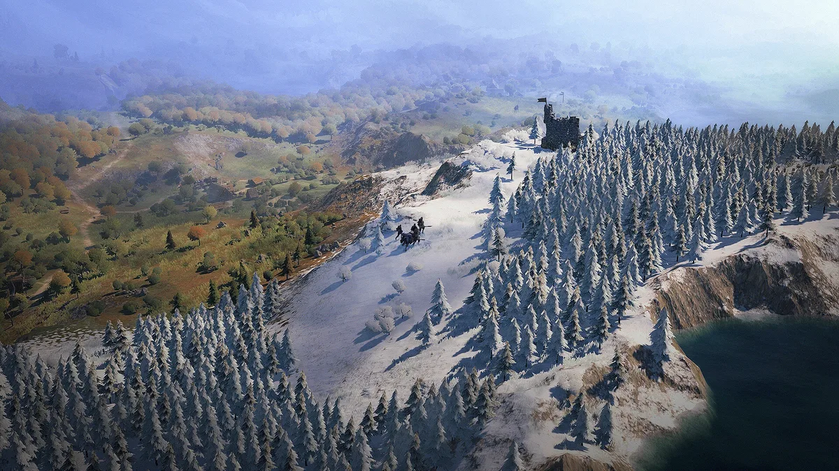 A mercenary company crossing a snowy mountain pass in Shiro Games' tactical RPG Wartales on PC and Xbox Game Pass