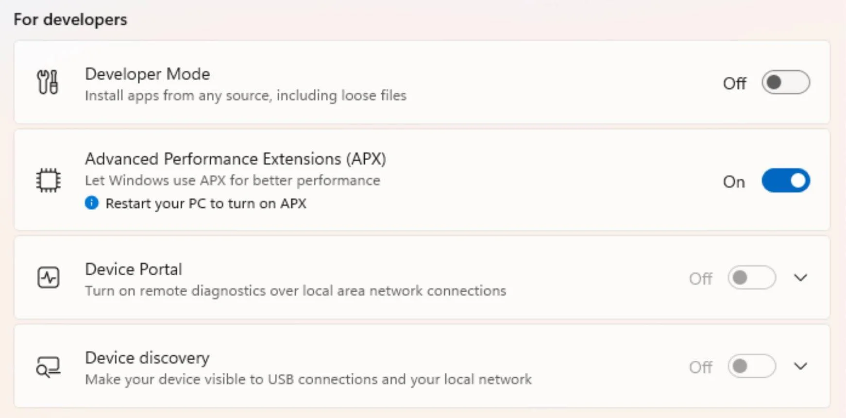 Windows 11 Build 29695 Advanced Performance Extensions Intel APX developer toggle