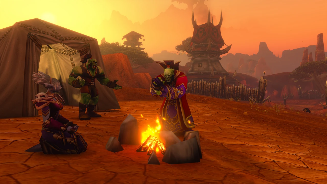Horde players gathered around a campfire using the Camping system while leveling in World of Warcraft: Forever