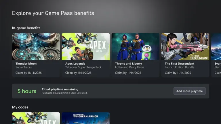 Official Xbox Cloud Gaming dashboard showing remaining monthly cloud playtime hours and the Add more playtime button