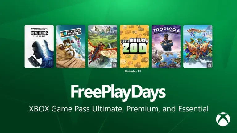 Official Xbox Free Play Days October 22-25, 2026 banner featuring Dying Light 2, Riders Republic, and Tropico 6