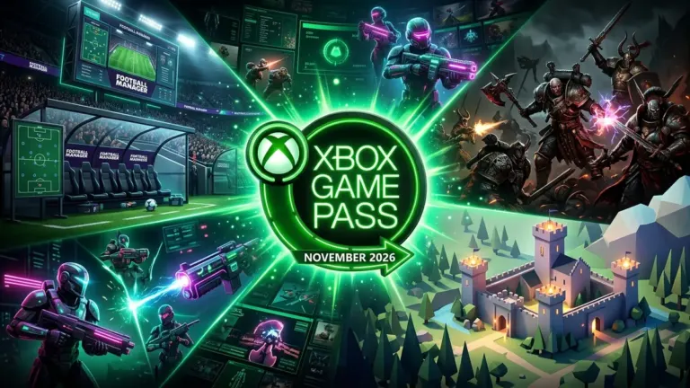 Xbox Game Pass November 2026 illustration featuring Football Manager 27, Warhammer Survivors and Thronefall