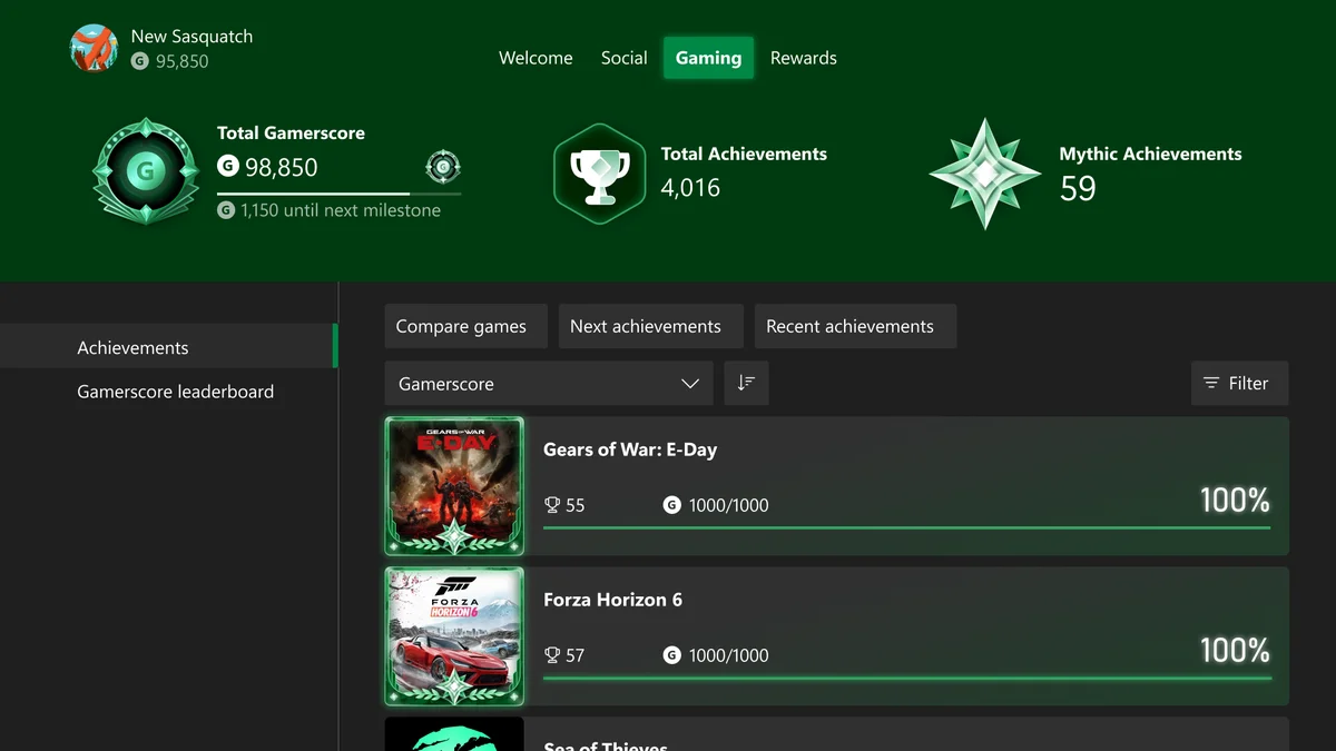 New Xbox profile Gaming tab interface displaying 59 Mythic Achievements, Gamerscore milestone progress, and heroic frames for Gears of War: E-Day and Forza Horizon 6