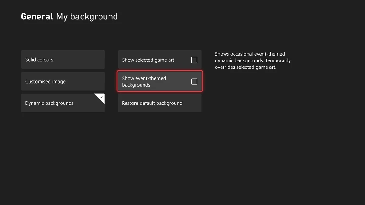 Xbox Series X|S My background settings menu showing the Show event-themed backgrounds toggle