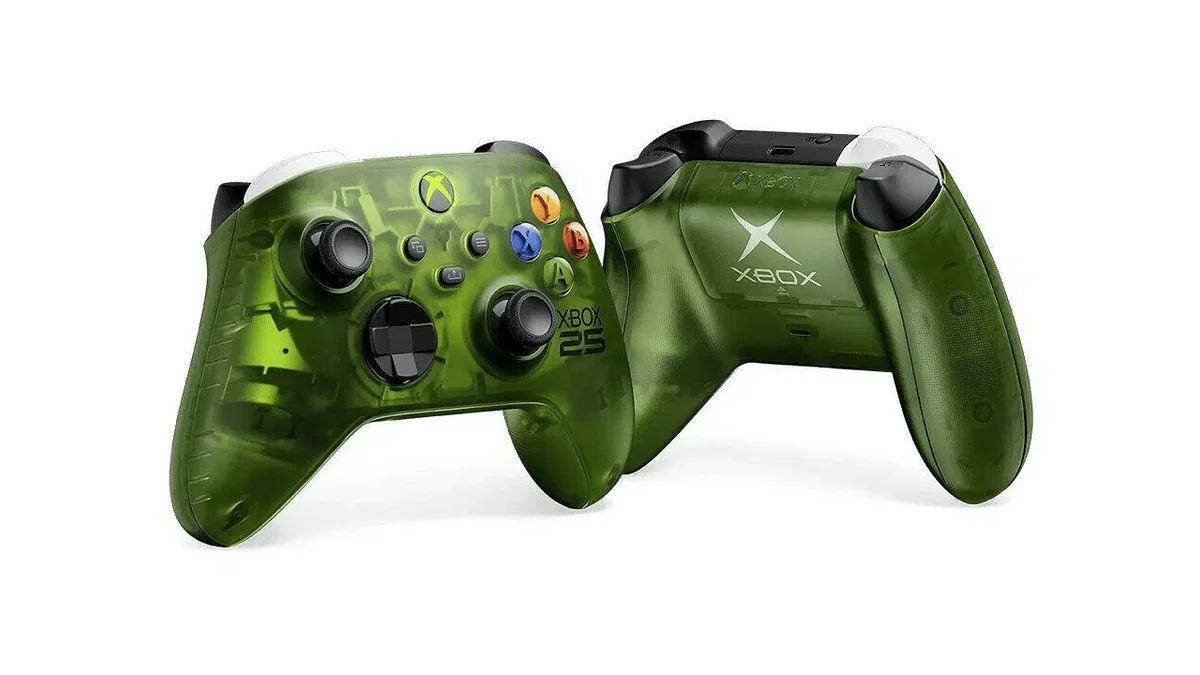 Xbox Wireless Controller X25 Special Edition front and transparent back view showing 2001 Xbox logo and black and white bumpers