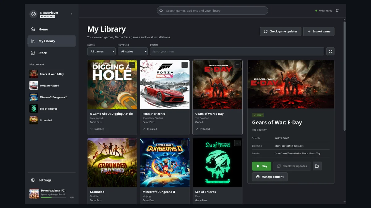 Xodus Nexus Unified PC Game Pass Library on SteamOS Xodus Nexus My Library interface showing locally installed PC Game Pass games on SteamOS and Linux