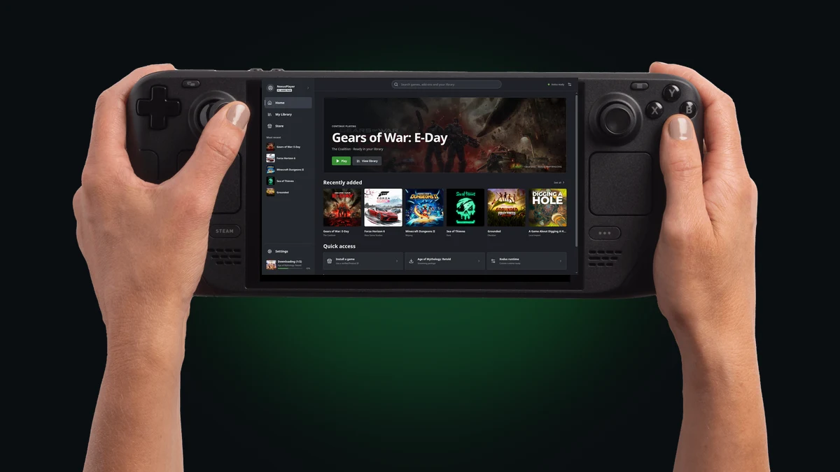 Valve Steam Deck OLED handheld displaying the open-source Xodus Nexus launcher for playing PC Game Pass games locally on SteamOS