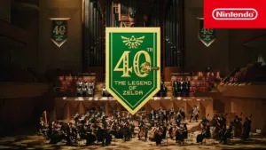 Symphony orchestra and official 40th anniversary logo for The Legend of Zelda Triforce Medley