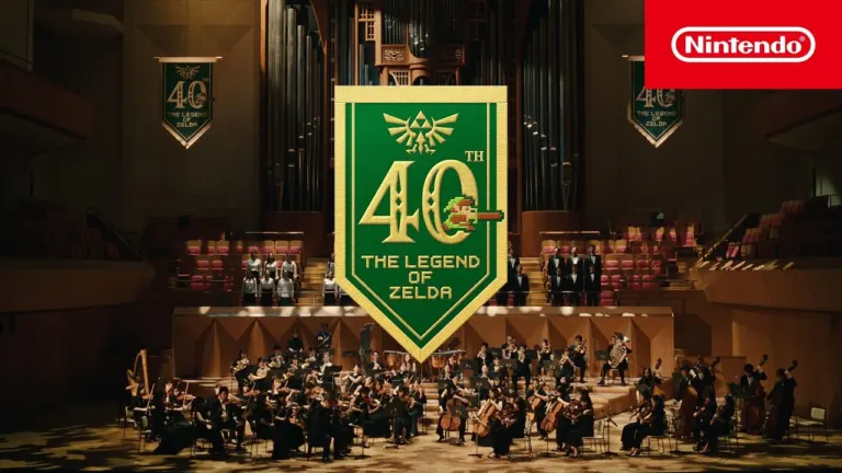Symphony orchestra and official 40th anniversary logo for The Legend of Zelda Triforce Medley