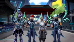 Four players wearing cyber-fantasy armor standing together in Zenith: The Last City and Zenith: Nexus VR MMORPG