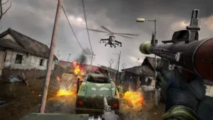 Zero Caliber 2 Remastered PlayStation VR2 gameplay firing an RPG at an attack helicopter